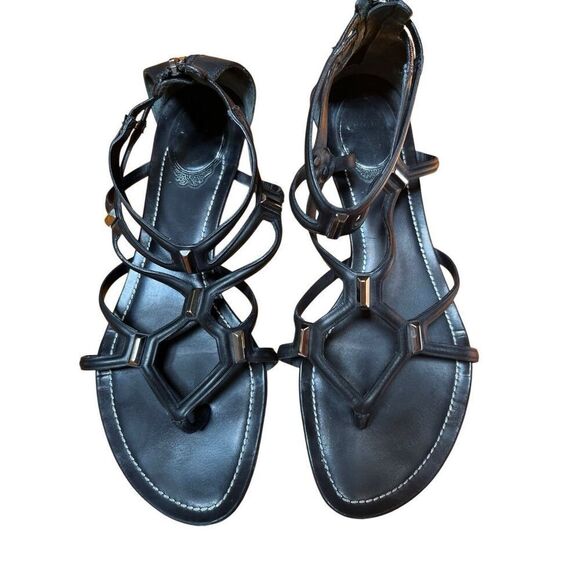 Rene Caovilla Black Leather Flat Gladiator Sandal Zip Back Silver Accent 38/8 - Picture 4 of 16